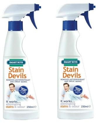 Stain Devils Antiperspirant & Sweat Mark Remover Spray 250ml - Removes Deodorant & Sweat Stains - Odor Eliminator for Shirts, Blouses & T-Shirts - Safe for Most Fabrics (2 Pack (500ml))