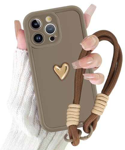 Kueqeay Handyband Handyhülle für iPhone 15 Pro Max hülle 6,7'', Aesthetic Liebe Muster Design mit Kordel zum Umhängen Schnur Cover, Universelles Patch Case Silikon TPU Schutzhülle, Braun