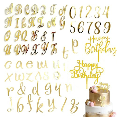 64 Stück Buchstaben Tortendeko, Gold Acryl Kuchen Deko Zahlen 0-9 & A-Z – Perfekt für Geburtstag, Hochzeit & Jubiläen