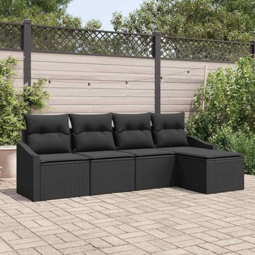 QUAHEAS Garten Sofa Set 5-teilig, Schwarz Poly Rattan, höhenverstellbarer Tisch, UV-beständig, wetterfest, für Terrasse & Balkon