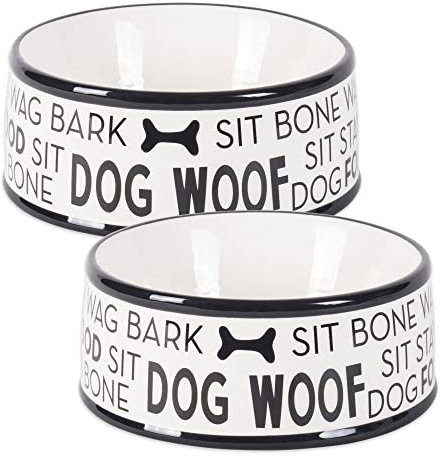Bone Dry Black & White Dog Bone Ceramic Pet Bowl & Canister, Bowl, 6.25x6.25x2.5, Black, 2 Piece