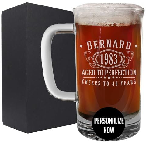 Personalised Etched 473ml Glass Beer Mug Stein Tankard, Custom Grandad Gifts, Customized Birthday Present for Men Him Dad Father, Engraved Birthday Decorations Decor - Bernard