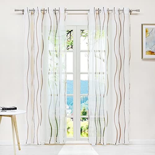 ESLIR Gardinen mit Ösen Vorhänge Gardinenschals Transparent Schlaufenschal Wellen Muster Voile Sand BxH 140x145cm 1 Stück