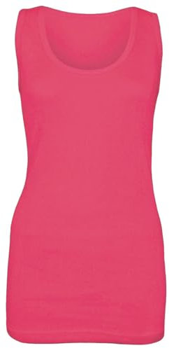 Womens Cotton Plain Vests Ladies Summer Casual Tops Stretchy Ribbed Sleeveless Camisole Scoop Neckline T-Shirt Style Muscle Gym Sports Rib Cami Long Vest Tank Tee Top (Fuchsia,22-24)