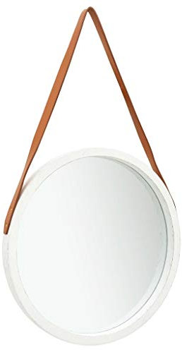 vidaXL Wandspiegel mit Riemen Vintage Retro Hängespiegel Dekospiegel Spiegel Badspiegel Rundspiegel Flurspiegel Garderobe 50cm Weiß