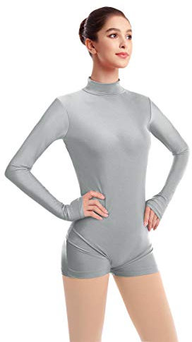 FYMNSI Damen Langarm Ballettanzug Ballettbody Sport Tanz Body Gymnastikanzug Trikot Bodysuit Einteiler Turnanzug Leotards Overall Stehkragen Einfarbig Elegant Bodies Ballett Langarmbody Grau 2XL