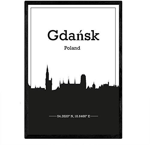 Nacnic Poster mit Karte von Gdansk - Polen. Skyline Blätter mit Städten in Europa mit schwarzen Schatten. A4-Format