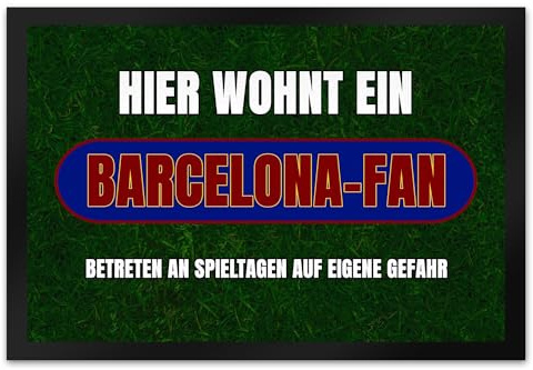 speecheese Hier wohnt EIN Barcelona-Fan Fußmatte XL in 40x60 cm mit Rasenmotiv Sportfan Barcelona Spanien Sport Europa