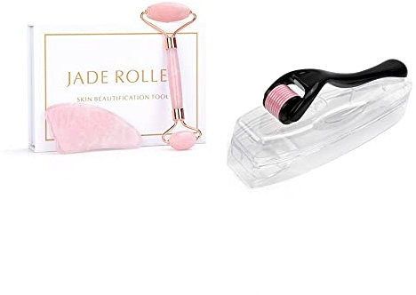 Natürliche Jade Roller & Guasha Derma Roller Kit Schönheitsmassagegerät für Gesicht Doppelköpfe Massage Roller Gesichtsheben Massagegerät-Rosa Set mit Kasten