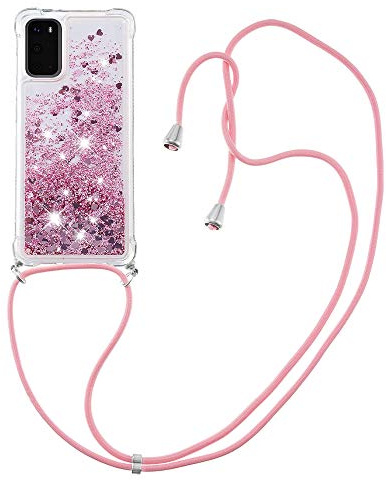 CaseLover Handykette Handyhülle für Samsung Galaxy S20, Glitzer Flüssig Bewegende Treibsand Transparent Silikon Case mit Kordel zum Umhängen Necklace Hülle Band für Samsung Galaxy S20 5G, Rosen Rot