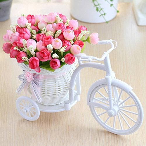 MISNODE Künstliche Blumen mit Fahrrad, Garten Nostalgie Fahrrad, Mini Dreirad Künstliche Blume Dekor Pflanzenständer für Party Home Office Hotel Dekoration, Rosa