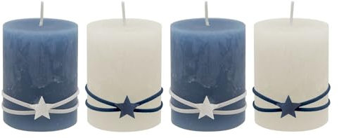 ZauberDeko Adventskerzen Rustic Stumpenkerzen Blau Creme Stern Holz Weihnachten Deko 4 Stück