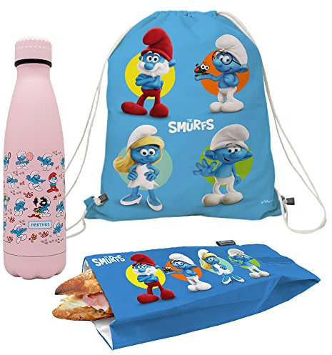 Nerthus FIH 1077 Set Rucksack + Snacktasche + Doppelwandflasche 500 ml Schlümpfe