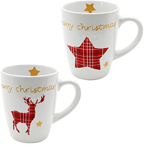 Dekohelden24 Juego de 2 tazas de cerámica de Navidad de Merry Christmas, altura: 10 cm de diámetro, 8,5 cm de capacidad, 350 ml, color rojo y estrella