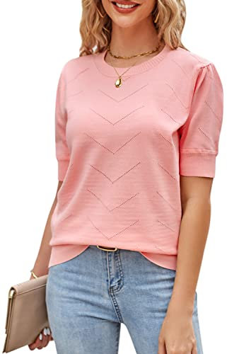 Newshows Short Sleeve Jumpers for Women UK Ladies Knitted Crew Neck Pullover Sweater Tops(Pink, S)