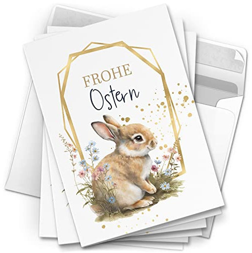 10 Osterkarten Grußkarten Set zu Ostern - Motiv Niedlicher Osterhase Frohe Ostern - moderne Vintage Oster Grußkarten Klappkarten mit Umschlag