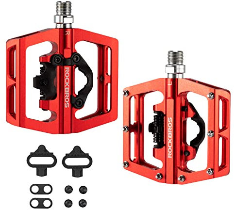ROCKBROS Fahrradpedale Aluminium rutschfest 2 in 1 SPD Pedale/Plattform Pedale für MTB Rennrad Stadtrad Rot