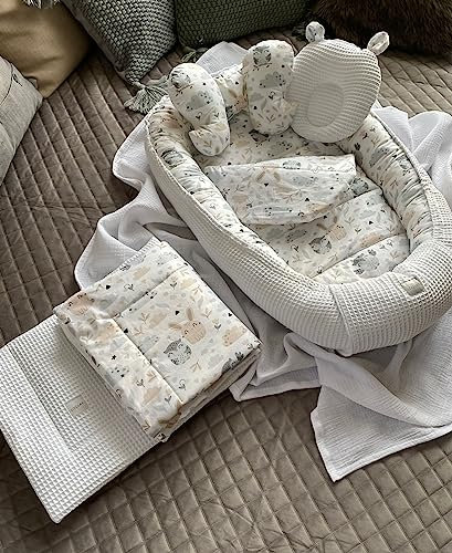 WEIß Waffelpique/HASE Beige-Weiß Babynest Babyaustattung Neugeborene Baby Unterlage Reisebett Nestchen SOLO/o. in PREMIUM Geschenk SETS (Nestchen + DECKE (80x100cm) + MATRATZE + 2xKissen)