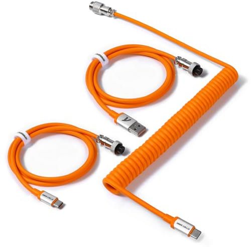 C04 2 in 1 Custom Coiled USB C Cable for Gaming Keyboard-Detachable Double Sleeve Spiral Cable with 5 Pin Aviator Connector for PS4,Xbox-USB A To Type C&Type C To Type C(1.62+3.28inch)-Orange