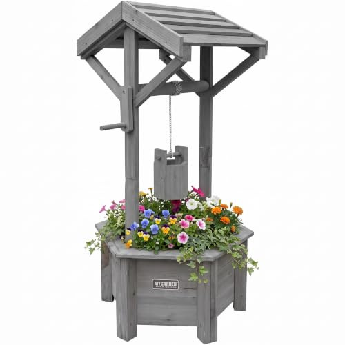 Vivo Technologies Wooden Wishing Well Planter for Garden, Wishing Well Garden Feature Outdoor Flower Pot Backyard Decor, Grey
