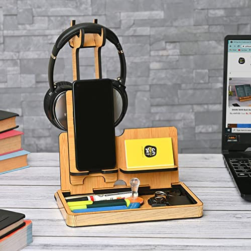Gift Kya De GKD Headphone Stand for Desk Wooden Headphone Holder for Gamers Music Lovers, Portable Desk Organizer with Mobile Phone Stand Compatible with All Headphones Size (Bamboo ecofriendly)