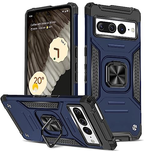 Btstring Google Pixel 7 Pro Case, Military Grade Shockproof Protective Case Cover with Metal Ring Holder, Compatible Car Holder, Blue