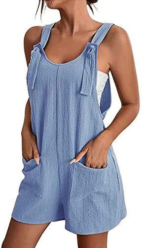 Pantalocini Intera Corta Donna Salopette da Donna Ampia Estiva Tuta Corta Senza ManicheTuta Intera Jumpsuit con Tasche Solidi Casual a Gamba Larga Pagliaccetti (Blu Chiaro, L)