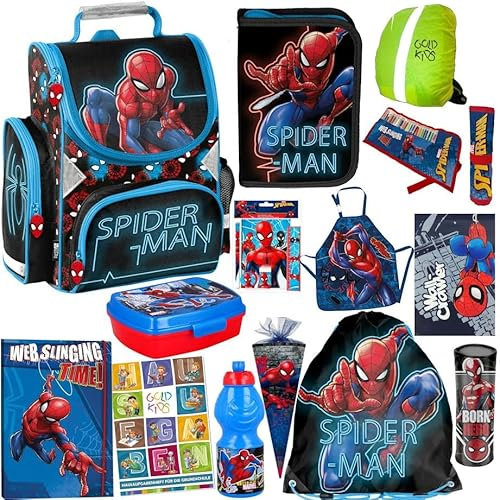 Spiderman Schulranzen Set XXL 14 Teile Ranzen Federmappe Turnbeutel Zeichenheft Notizbuch Mappe Zuckertüte Regenschutz Aufgabenheft für die Grundschule. Geeignet ab der ersten Klasse der Grundschule.