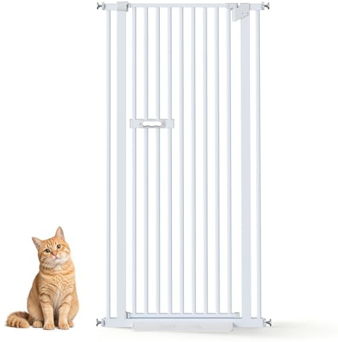 Extra Tall Pet Gate, 150cm Metal Cat Gate, 76cm-106cm Wide Dog Safety Gate with Extension Kits, No Drilling Pressure Mounted, Lockable & Adjustable for Doorway, Hallway, Stairs, Kitchen Bedroom, White