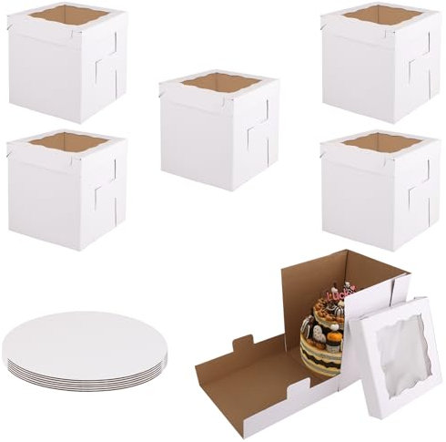 Oungy 6 Pack 10x10x12in Tall Cake Box, 12 Inch Tall Cake Box and Board, Large Tiered Cake Boxes with Window, White Tall Cake Carrier Containers for Tier Cakes