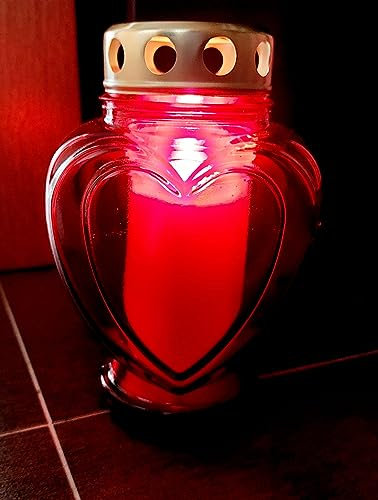 Grablicht Set mit Kerze & Zündhölzer Grabdeko Herzform rot Trauerlicht aus Glas Gedenklicht