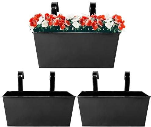 3 Stück Hängende Blumentöpfe für Balkon Geländer Zaun Garten - Metall Blumentöpfe Pflanzentöpfe Blumenkasten Pflanzkasten zum Aufhängen mit Abnehmbarem Haken - Schwarz 30.5cm×13cm×13cm