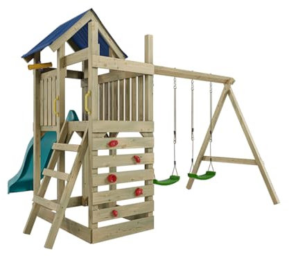 Outgarden Spielturm Klettergerüst Speedy aus KDI-Holz | Spielhaus mit türkiser Rutsche & grüner Doppel-Schaukel | Sandkasten, Leiter & Kletterwand | Stelzenhaus für Kinder & Garten | 355 x 386 x 258cm