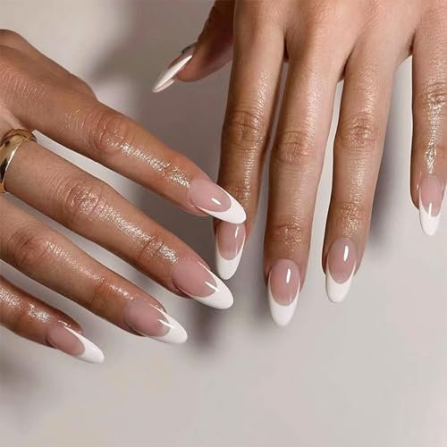 24pcs French Tip Press on Nails - Long White Edge Fake Nails - Glue on Nude Removable Stick on Nail Art Accessories for Women and Girls