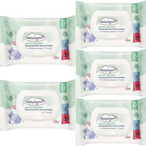 Babydream Extra sensitive Reinigungstücher Gesicht & Hände Feuchttücher Tücher 25 Stück x 5 Packs