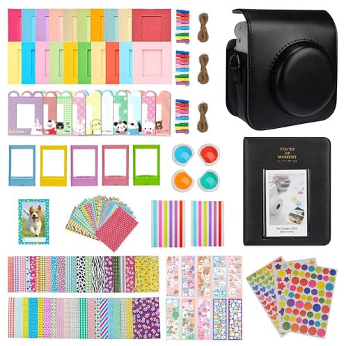 Meetikar Sofortbildkameras Zubehör für Instax Mini 12, Kameratasche für Instax Mini 12 mit 64 Taschen Fotoalbum und Farbfilter/Bilderrahmen/Wanddekorrahmen/Rahmenaufkleber/Eckaufkleber (Schwarz)