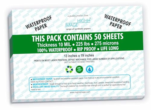 Lot de 50 feuilles de papier imperméable indéchirable pour imprimante laser 33 x 48 cm Épaisseur 102 kg