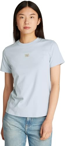 Calvin Klein Damen T-Shirt Kurzarm Woven Label Regular Tee aus Baumwolle, Blau (Niagara Mist), XS