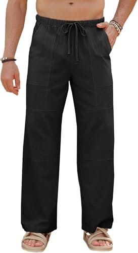 Runcati Herren Hose Baumwolle Straight Leg Yoga Hose Männer Herbst Loose Fit Strand Leicht Einfarbig Freizeithose mit Taschen Elastischer Bund, Schwarz, M
