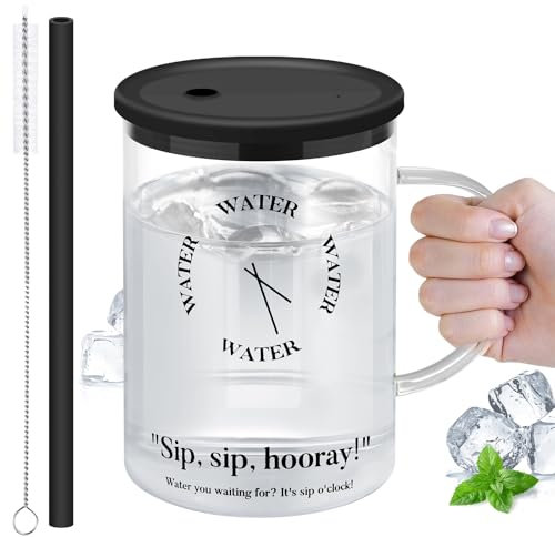 NiHome 1000 ml Glasbecher mit Griff, Deckel und Strohhalm, Robuste Smoothie Becher aus hochwertigem Glas, Luftdichtes Design, Ideal für Kaffee, Eiskaffee und Smoothies, Spülmaschinenfest(Schwarzer)