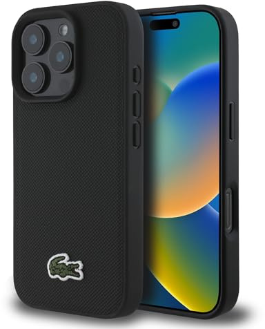 Lacoste Schutzhülle aus PU-Kunststoff, ikonisches Petit Piqué, gewebtes Logo, mit MagSafe, kompatibel mit iPhone 16 Serie (Schwarz, iPhone 16 Pro Max)