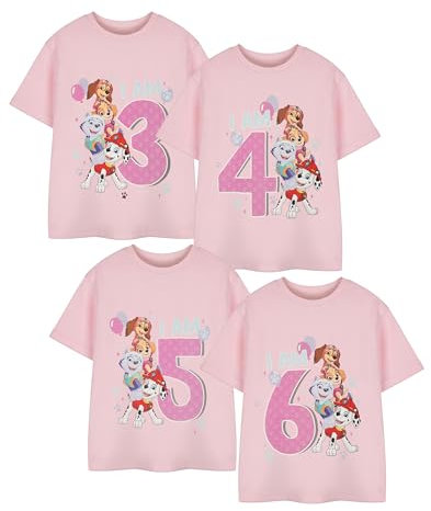 PAW PATROL Patrol Girls Rosa Geburtstags-Alter-T-Shirt | Kurzarm-Grafik-T-Shirt für Kinder | Skye Chase Marshall Rubble Charaktere Geschenk | Cartoon-Kinderbekleidung für Mädchen und Kleinkinder