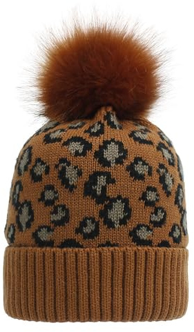 BrightGlow Winter Strickmütze für Damen und Herren Beanie-Mütze mit Leopardenmuster Acryl-Strickmütze Leopard Print Strickmütze Leopard Beanie Cap Big Pompom Hat Wintermütze Unisex Karamell Erwachsene