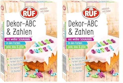 RUF Dekor ABC-Buchstaben und Zahlen, aus weißer Schokolade mit natürlichen Farben aus Lebensmitteln, in grün, pink und blau, glutenfrei, 1x32g (Die Verpackung kann variieren) (Packung mit 2)
