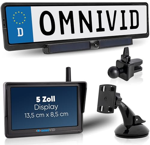 omniVID® Solar5 Premium Solar Rückfahrkamera-System, Kabellos mit 5 Zoll Monitor u. solarbetriebender Kamera zum Nachrüsten, Montage ohne Bohren, IP67 wasserdicht, Funk Einparkhilfe hinten o. vorne