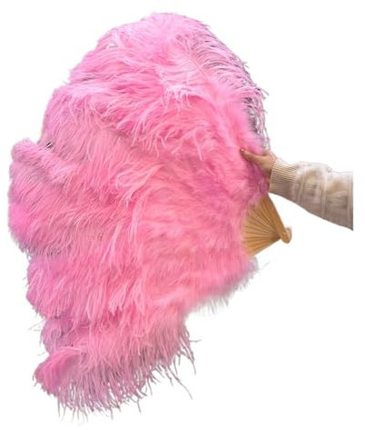 XHYDDLKJ Ostrich Feather Fan 13Bones Pink Ostrich Feather Fan Belly Dance Show Fans Halloween Party Wedding Stage Props Held Folding Feather Fans(Pink,130cm 2pcs)