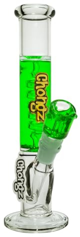 Chongz 25cm 4mm Banana Liquid Filled Waterpipe bong. Gold accent Chongz Logo, 14mm liquid filled bowl, 18.8mm diffusor stem, and glass cooling spiral, refrigerate for cooling effect. (Green)