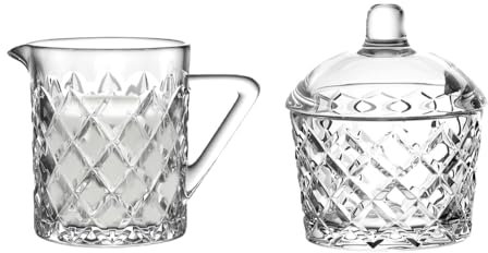 SOLAVIA Clear and Transparent Glass Sugar Bowl Dish and Milk Jug Creamer Set 210ml and 200ml Home Kitchen Breakfast and Home Essential Diamond