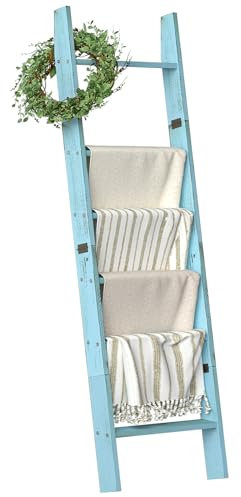 Honest Blanket Ladders for The Living Room, 6-Tier Blanket Holder, Wall-Leaning Blanket Rack, Ladder Shelves, Wooden Quilt Ladder, Farmhouse Decor, Blue