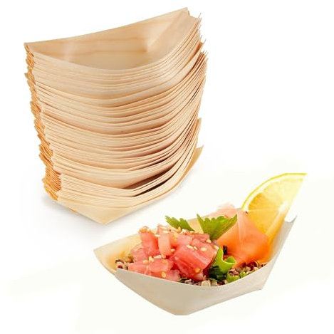 HUATEEN Wood Boat Plates,50 pcs Wooden Boat Dishes Bamboo Serving Trays Disposable Tableware Snack Bowl Serving Bowl for Fingerfood Currywurst Pommes Sushi 7 Inch